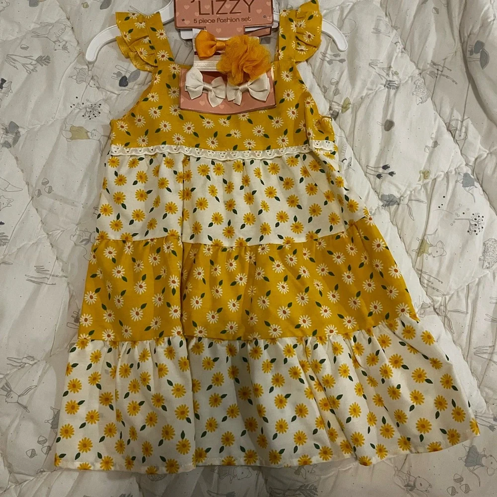 Yellow Floral Kids Sun Dress with matching bows and headband